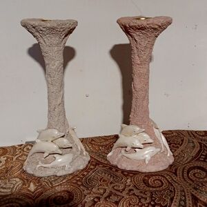 Pair of Sand Stine Candle Holders with Dolphin Motif